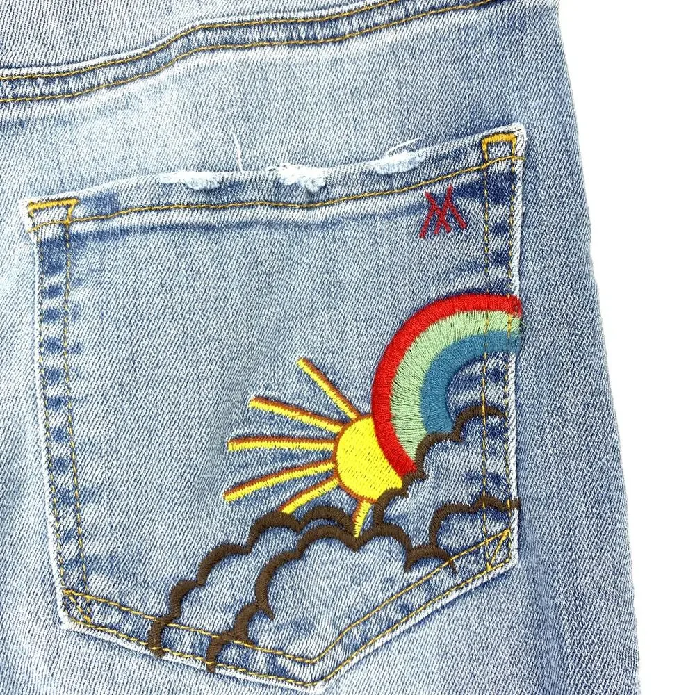 MM Vintage Jeans Women's Sz 26 Distressed Flare Crop Mid Rise Blue Five Pockets - Picture 3 of 8